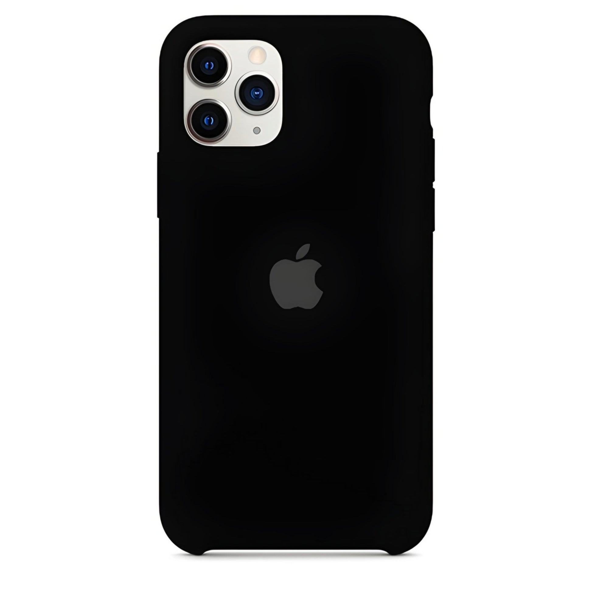 A smartphone with a sleek black ZIVIKART Silicone Case for iPhone is shown from the back. The case, complete with a soft microfiber lining, has a cutout for the camera, revealing three lenses and a flash. Wireless charging compatible, it proudly displays the Apple logo in the center.