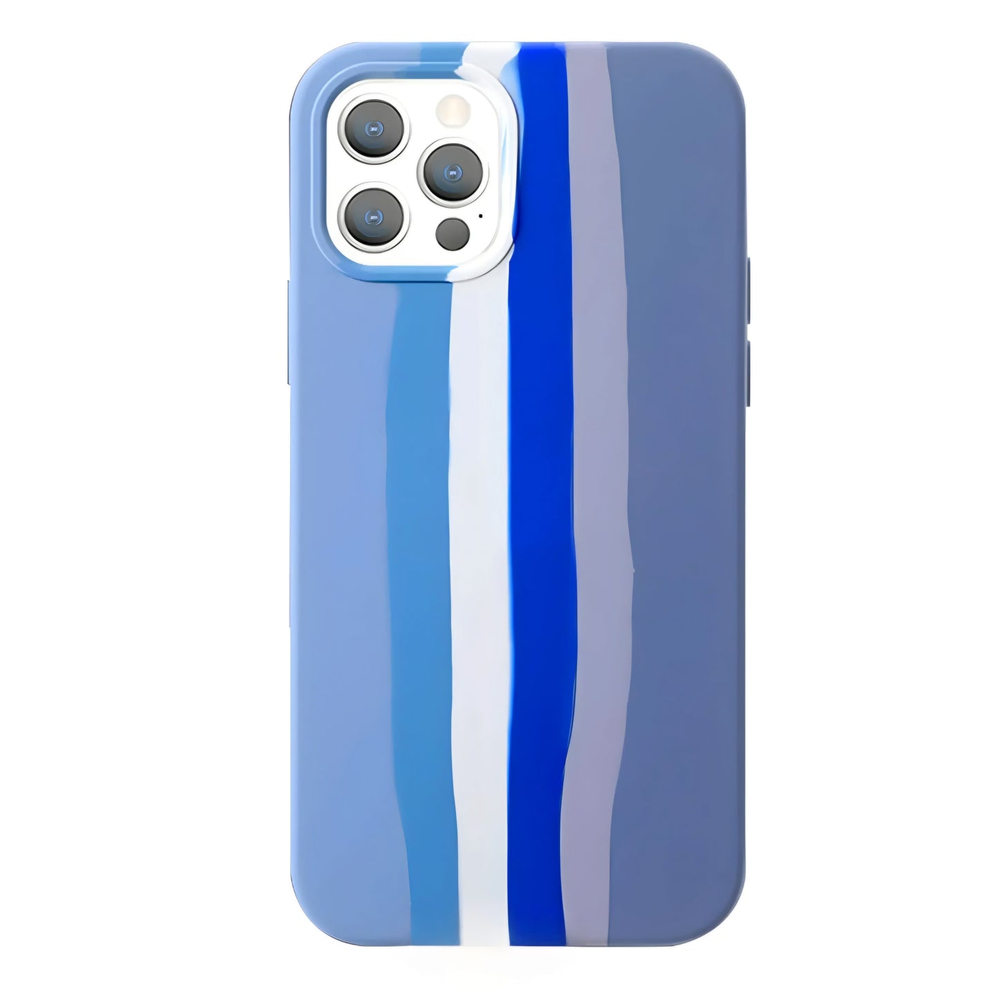 A smartphone in a ZIVIKART Silicone Case for the iPhone 12 Series, which is wireless charging compatible and protective. It has a minimalist design with vertical stripes in varying shades of blue, white, and purple on the back. The phone features three camera lenses and a flash arranged in a triangular pattern.