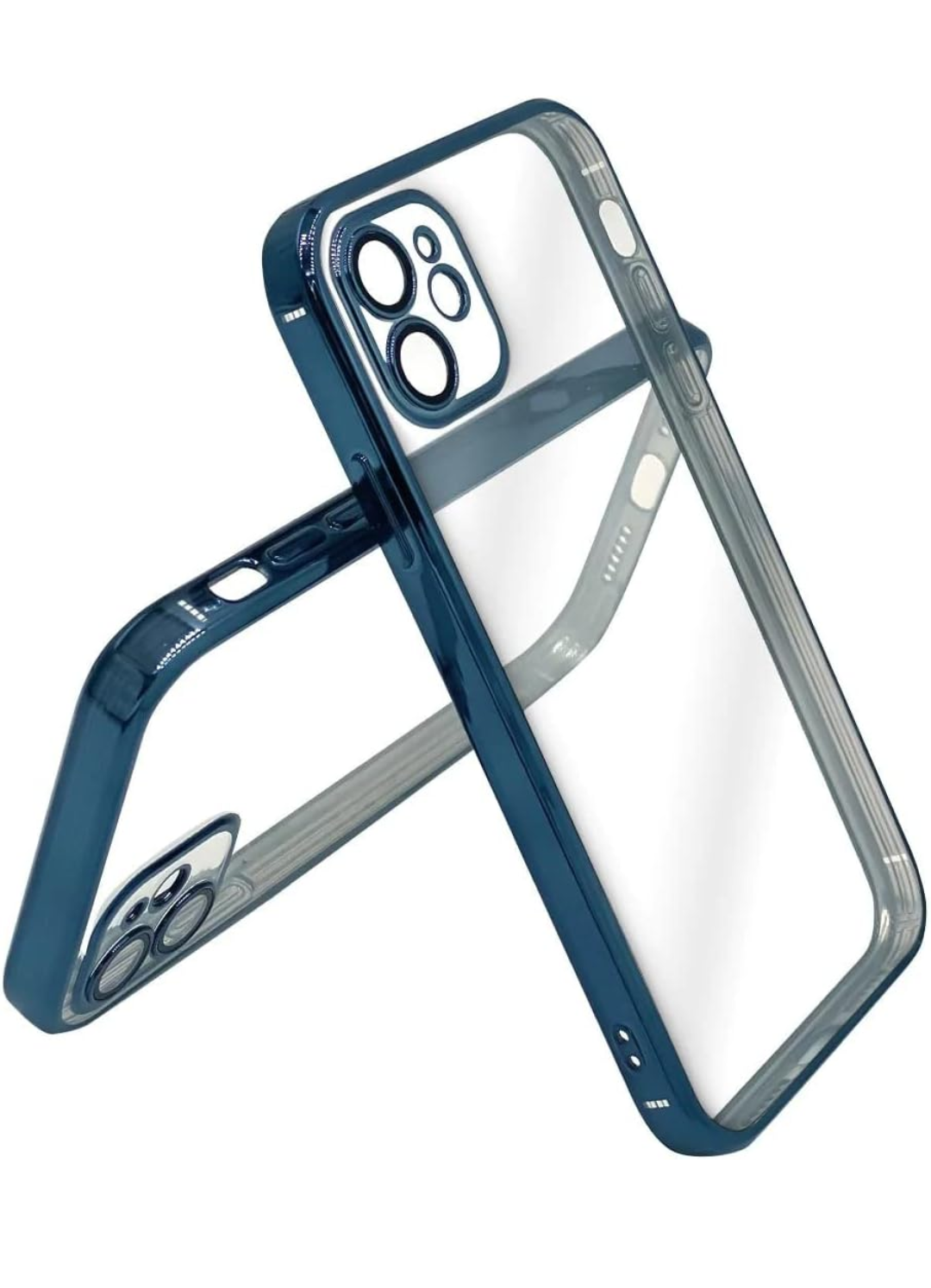 The ZIVIKART Elegant Electroplated Case with Camera Protection for Apple iPhone from Zivikart showcases a transparent electroplated design with a striking blue frame, visible from both the back and side angles. Its durable material includes precise cutouts for buttons and camera lenses, providing added protection. Additionally, it features a built-in kickstand for convenient viewing.