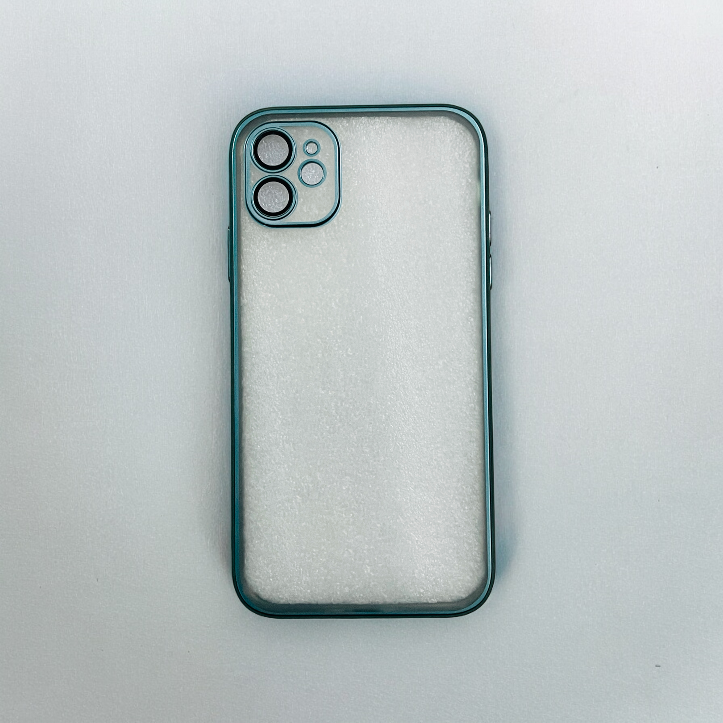 A green Zivikart smartphone case lies flat on a light gray surface. The clear back has a frosted appearance, and there are cutouts for the camera lenses and flash at the top left corner. Made from durable material, this electroplated case appears to be designed for an Apple iPhone with multiple rear cameras, offering enhanced camera protection.