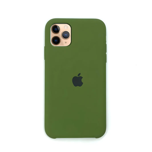 A ZIVIKART Army Green Silicone Case for iPhone XS|12|12 Pro|12 Pro Max, featuring a black Apple logo, is fitted on a gold-colored phone boasting three rear cameras and a flash. The case has a smooth, matte finish with soft microfiber lining and supports wireless charging. The phone is shown from the back.