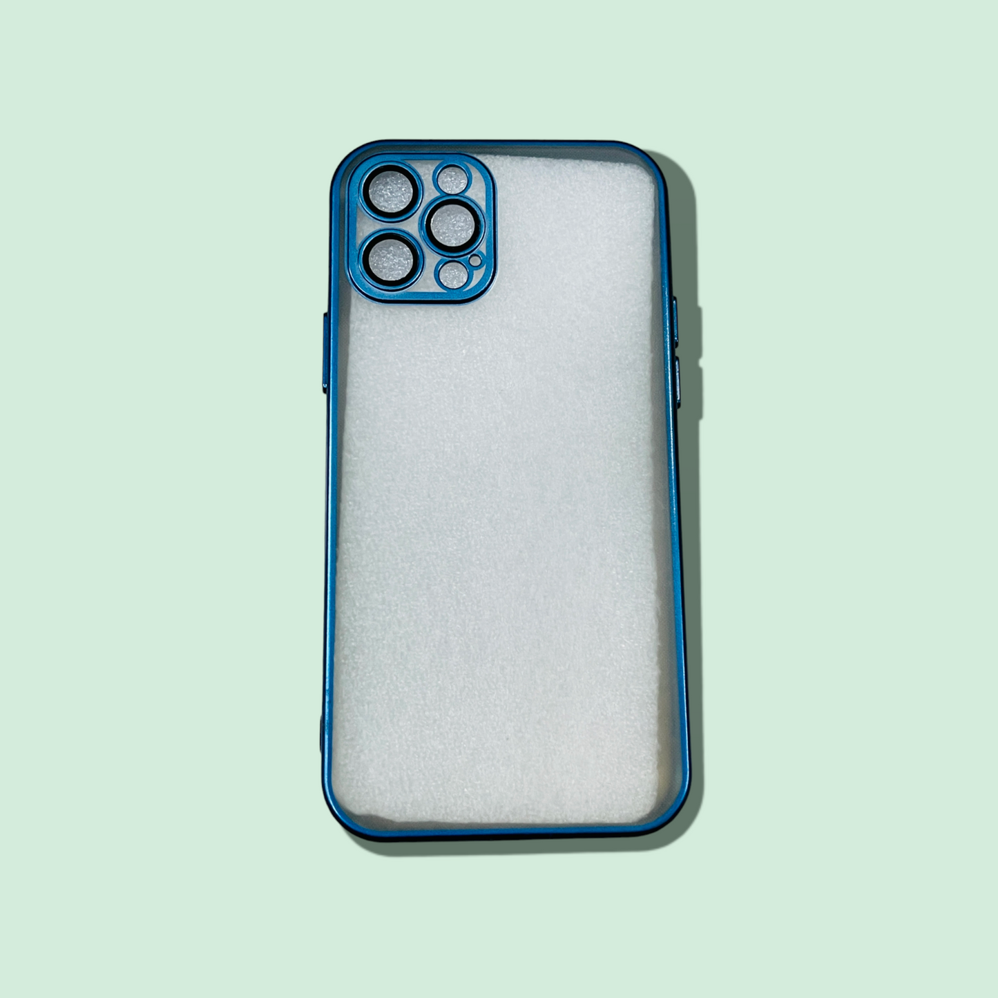 The ZIVIKART Elegant Electroplated Case with Camera Protection for Apple iPhone by Zivikart is shown on a light green background. This blue case features a sleek, minimalistic design and appears durable, with precise cutouts for the three camera lenses and side buttons, offering excellent camera protection.