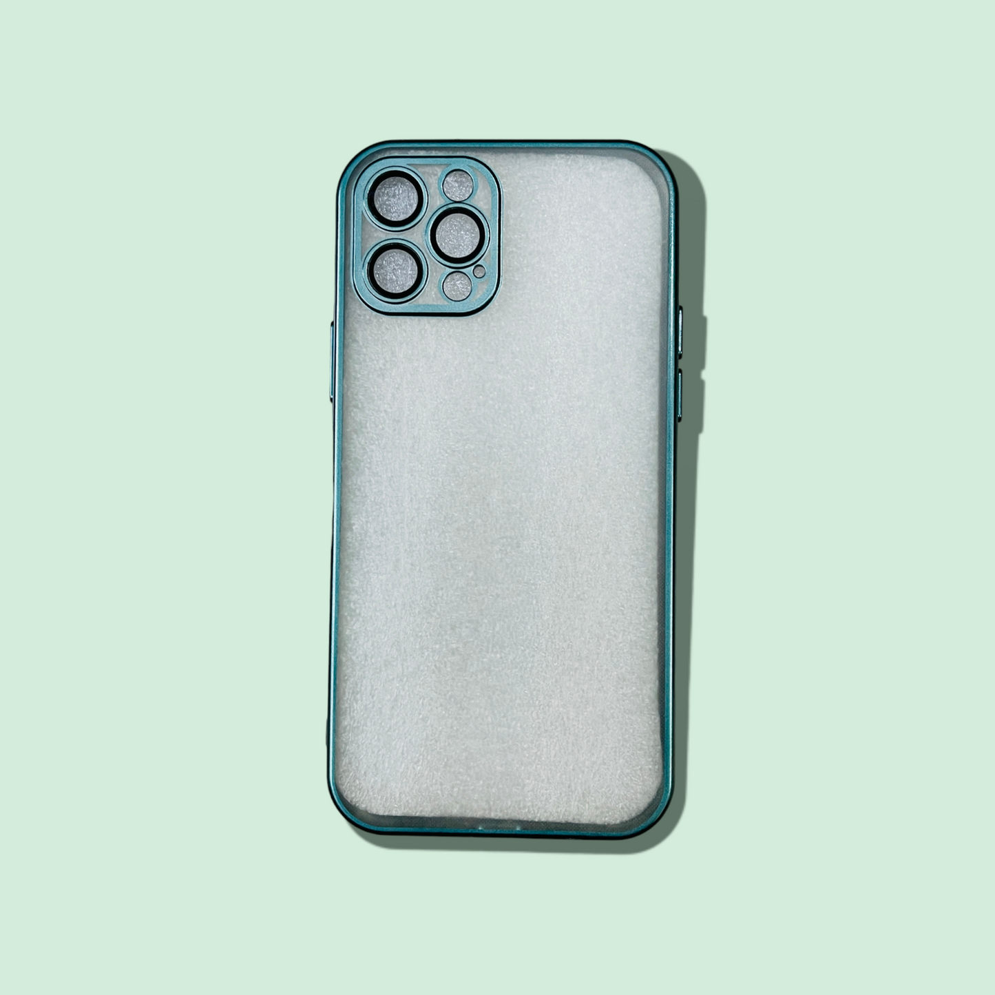 A Zivikart smartphone with a frosted, semi-transparent back cover and an elegant electroplated case featuring camera protection, part of the ZIVIKART Elegant Electroplated Case for Apple iPhone series, is placed against a light green background, casting a slight shadow.