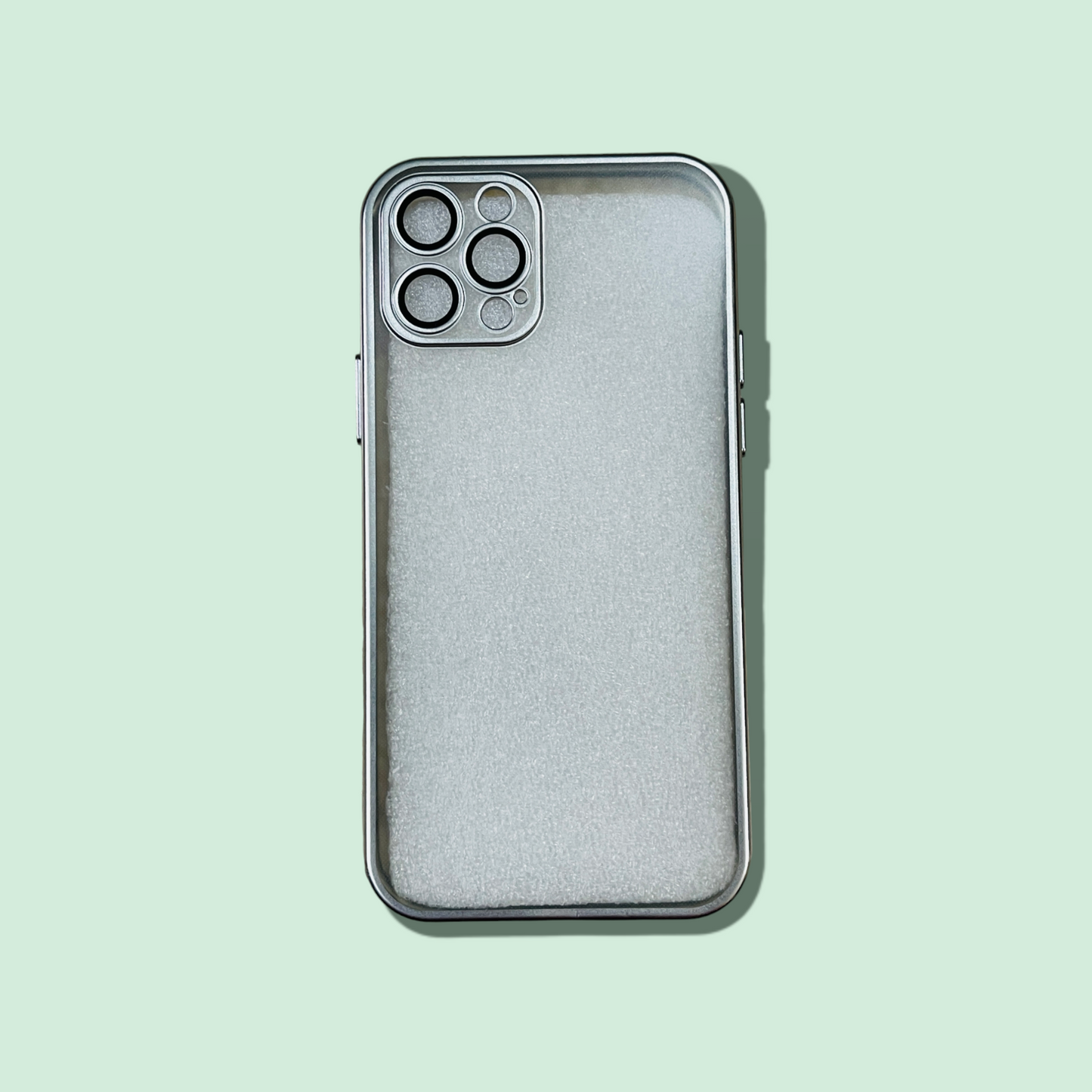 A sleek, minimalist ZIVIKART Elegant Electroplated Case in gray is shown against a light green background. The back of the case for the Apple iPhone features a triple camera setup with an additional sensor, all housed in a square module in the top left corner, protected by durable material to ensure added camera protection.