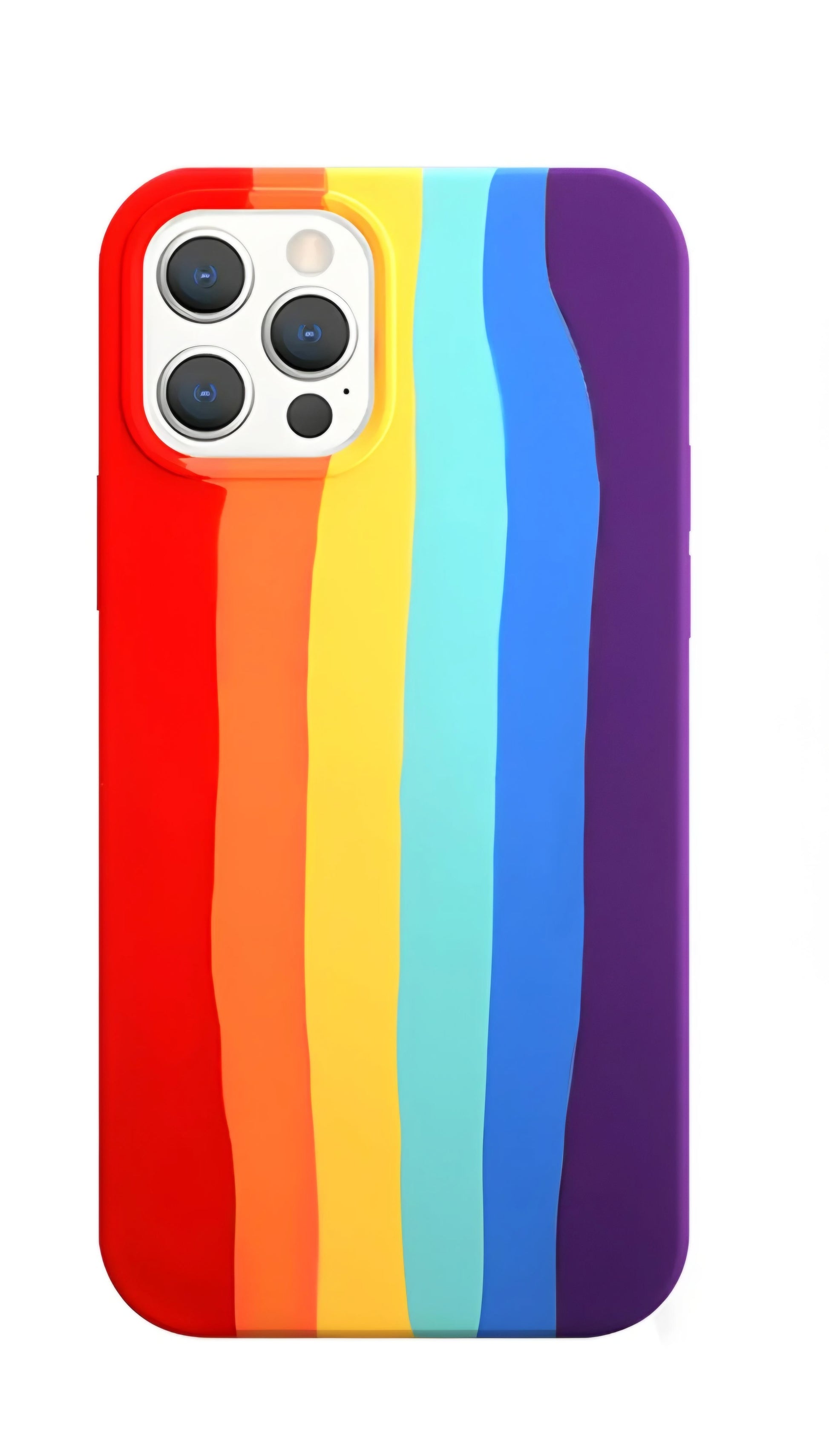 A ZIVIKART Silicone Case for the iPhone 12 Series featuring vertical rainbow stripes. The vibrant colors—red, orange, yellow, green, blue, and purple—pop against the soft microfiber lining. The case accommodates a multiple-lens camera system in the top left corner and is wireless charging compatible.