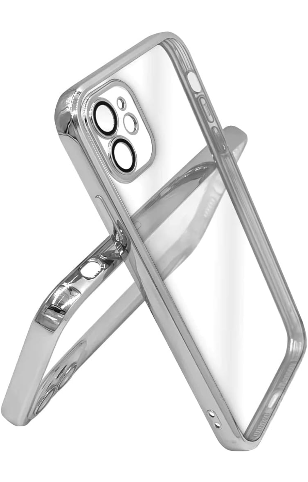 The ZIVIKART Elegant Electroplated Case with Camera Protection for Apple iPhone is displayed in an upright, angled position. This Zivikart case features precise cutouts for the camera, buttons, and ports, offering a transparent back to showcase the phone's original design while providing durable protection with its metallic edges.