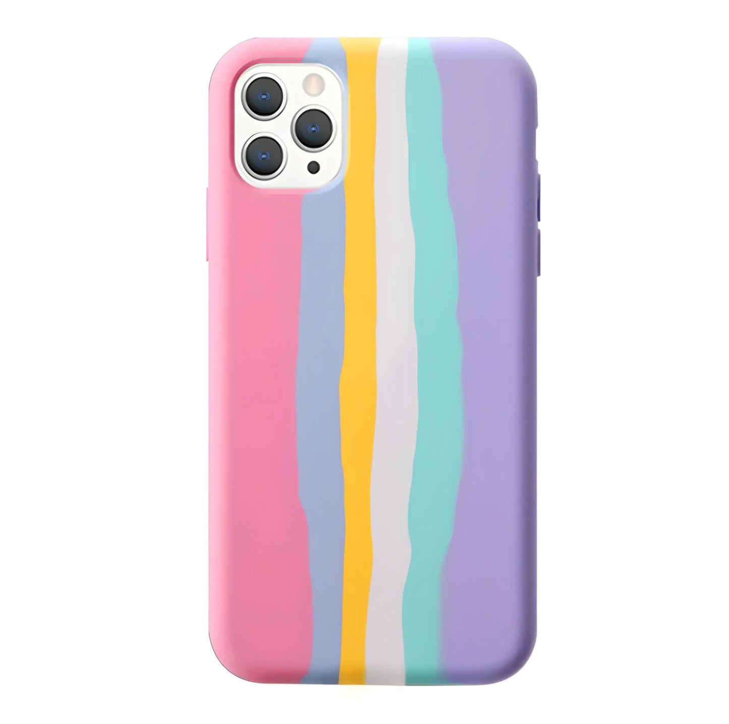 The ZIVIKART Silicone Case for iPhone 12 Series comes in a variety of pastel colors, featuring vertical wavy stripes in pink, blue, yellow, white, and purple. This stylish accessory is lined with soft microfiber for added protection and supports wireless charging. It also securely houses the three rear camera lenses of your device.