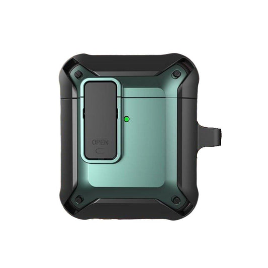 Introducing the ZIVIKART AirPods 1/2 Armor Case with Lock Button. This rugged black and green portable case features a small green light and is enclosed in a sturdy, square-shaped casing with reinforced corners and a side attachment for durable protection. The front clip prominently displays the word "OPEN.